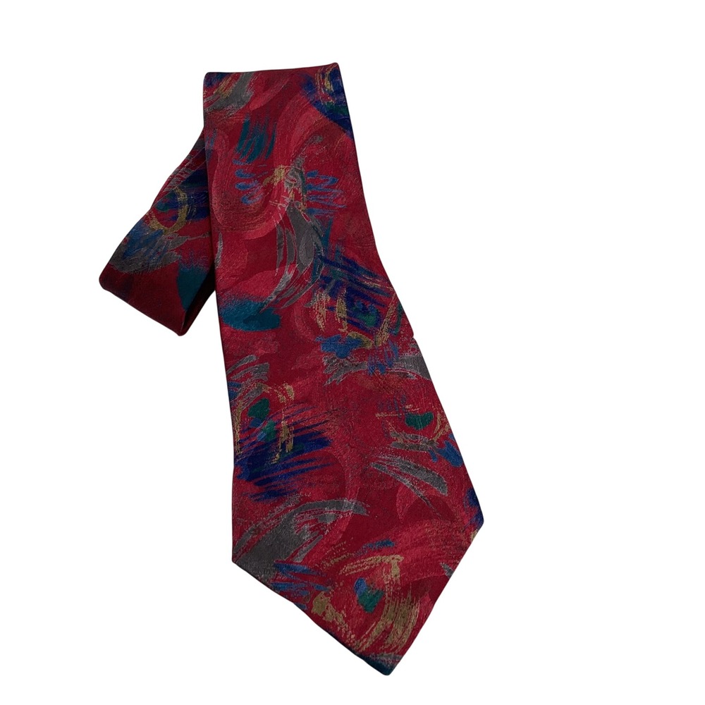 Towncraft Mens Vintage Abstract Painterly Red Blue Teal Gold Polyester Tie 4in